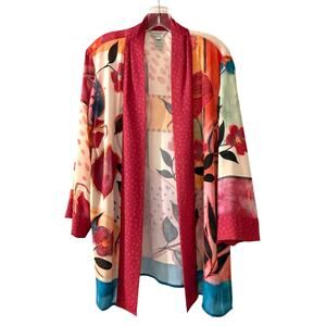 Multiples Red Floral Patchwork Open Front Kimono Cardigan Small